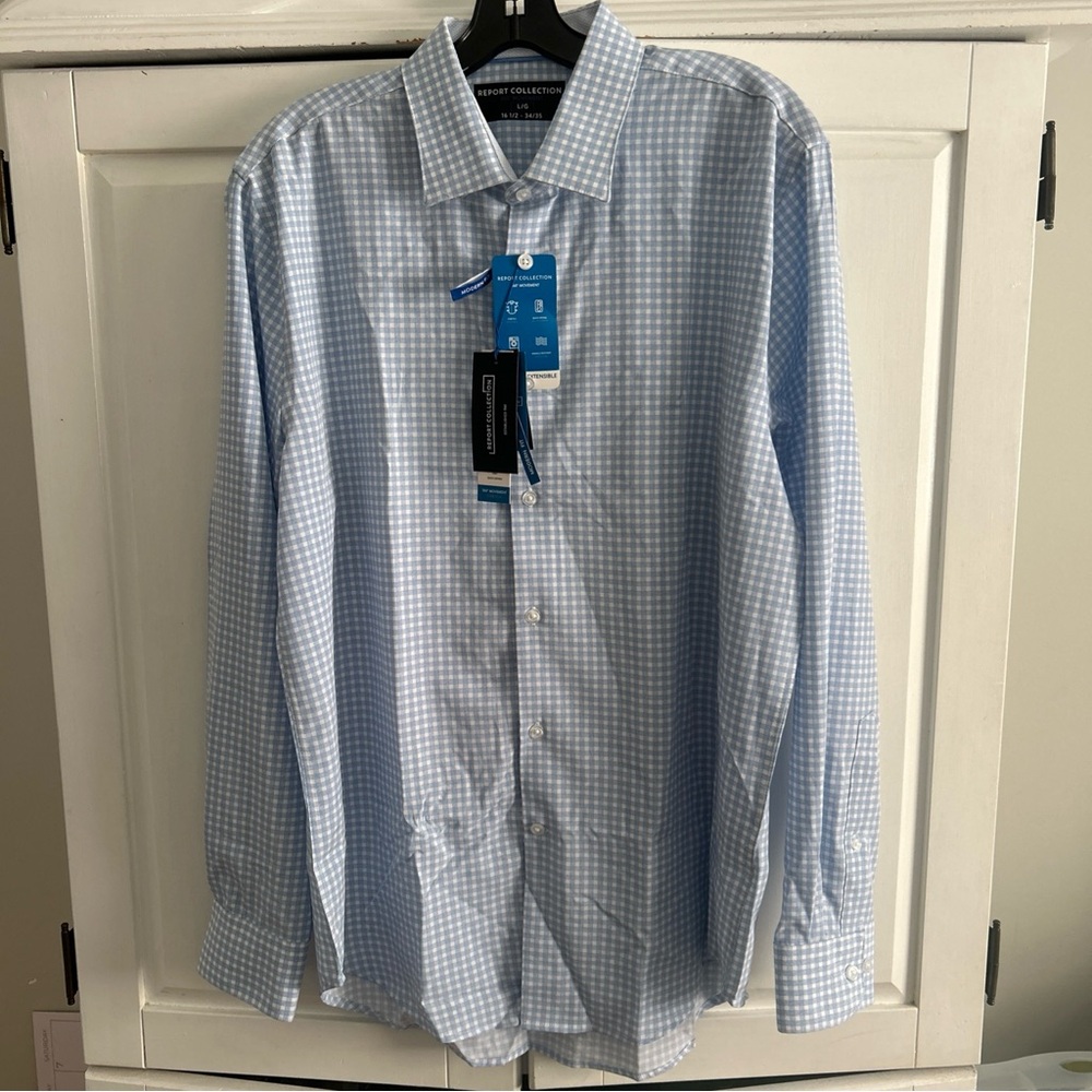 NWT Report Collection Shirt LARGE 16.5 34/35 Modern Fit Stretch 399004R $69